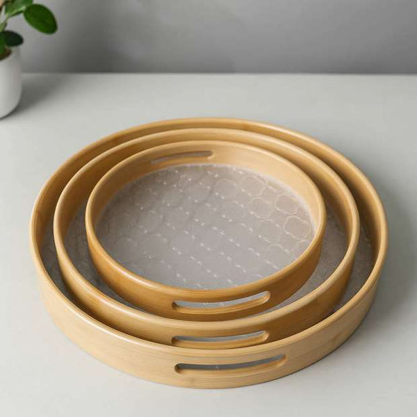 طقم صنية خشب مدورة قاعدة اكريلك 3ق 25/30/35 سم