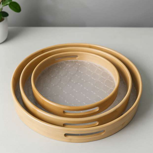 طقم صنية خشب مدورة قاعدة اكريلك 3ق 25/30/35 سم