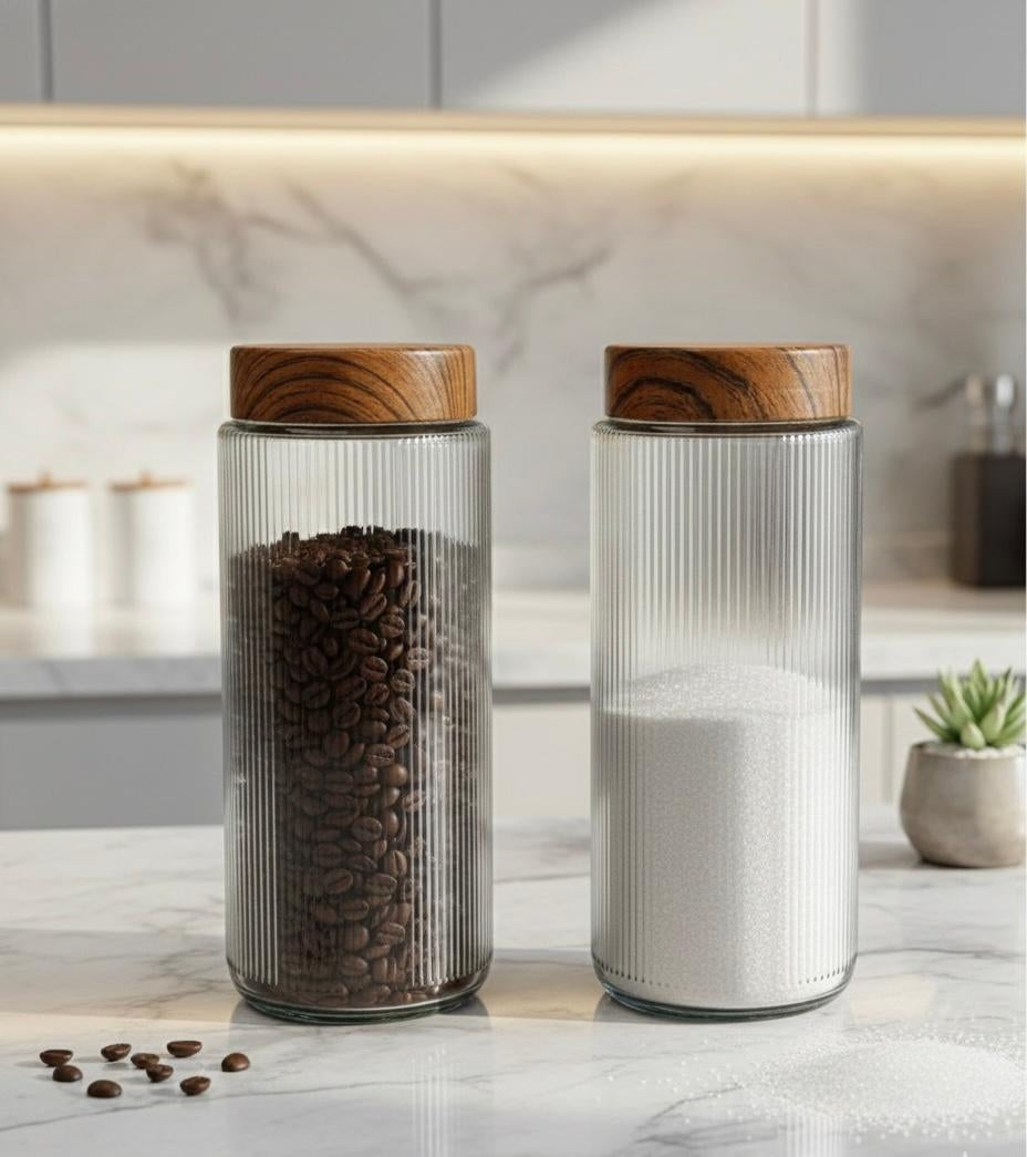 برطمان زجاج شفاف مضلع 1500مل غطاء خشبى 2050