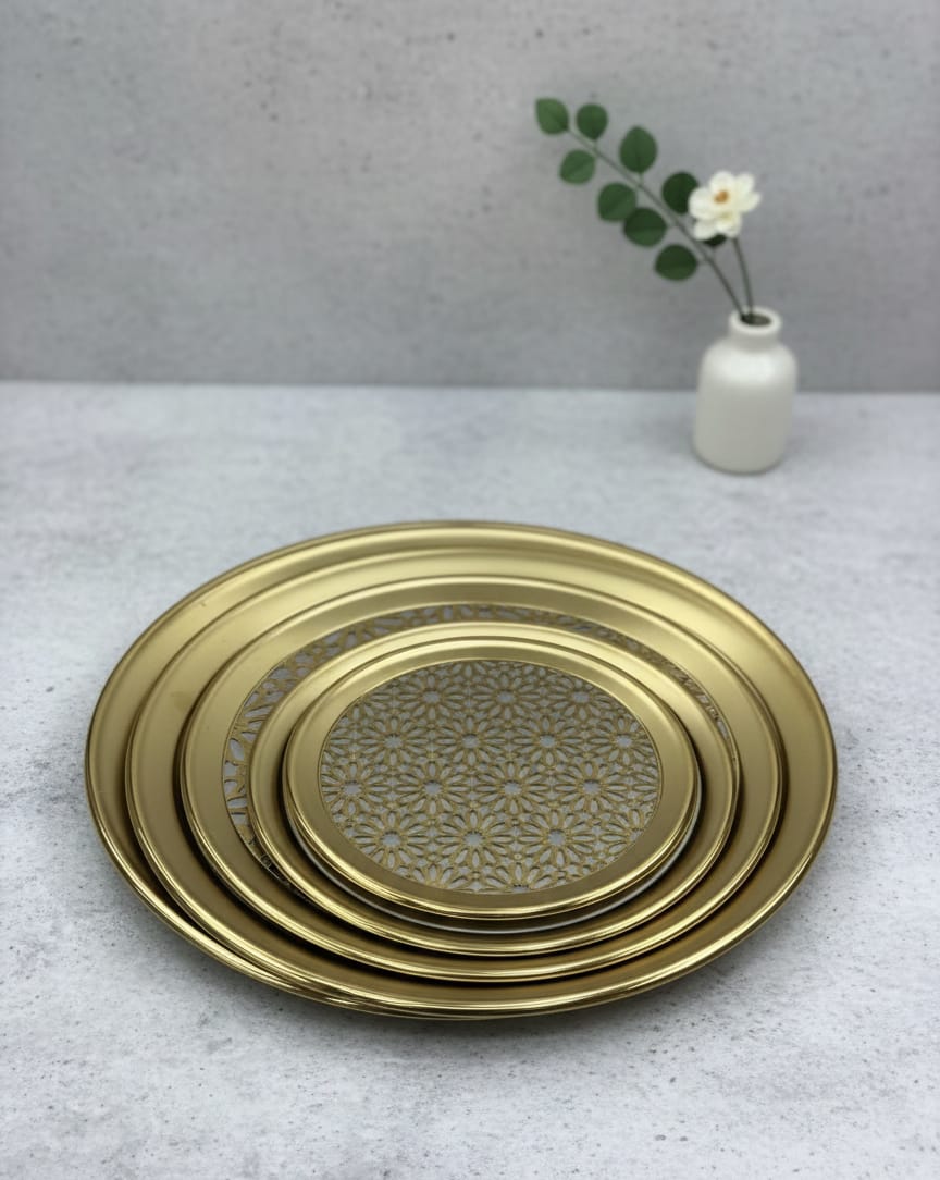 صنية تقديم ستانلس مدهب مدورة مقاسات (20:70 سم )