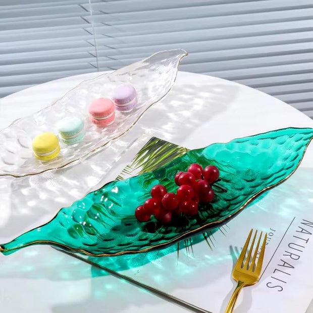 Olive Green Leaf-Shaped Serving Tray with Gold Trim