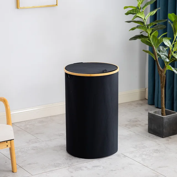 Black Laundry Basket with Lid, Round, 55x38cm