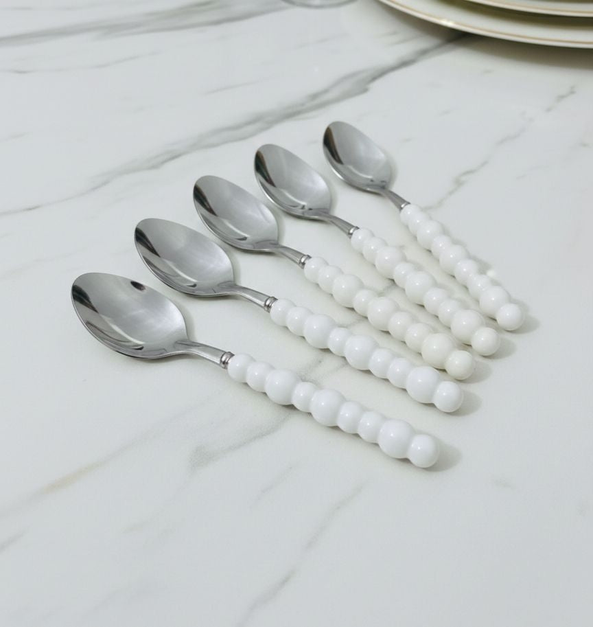 6-piece spoon set, plastic handle, white bubbles design
