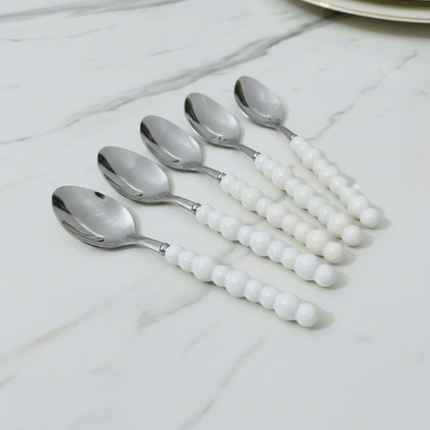 6-piece spoon set, plastic handle, white bubbles design