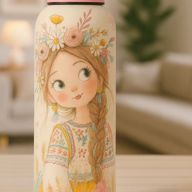 ترمس حراري شكل زجاجه بيج بنت فستان فلوري