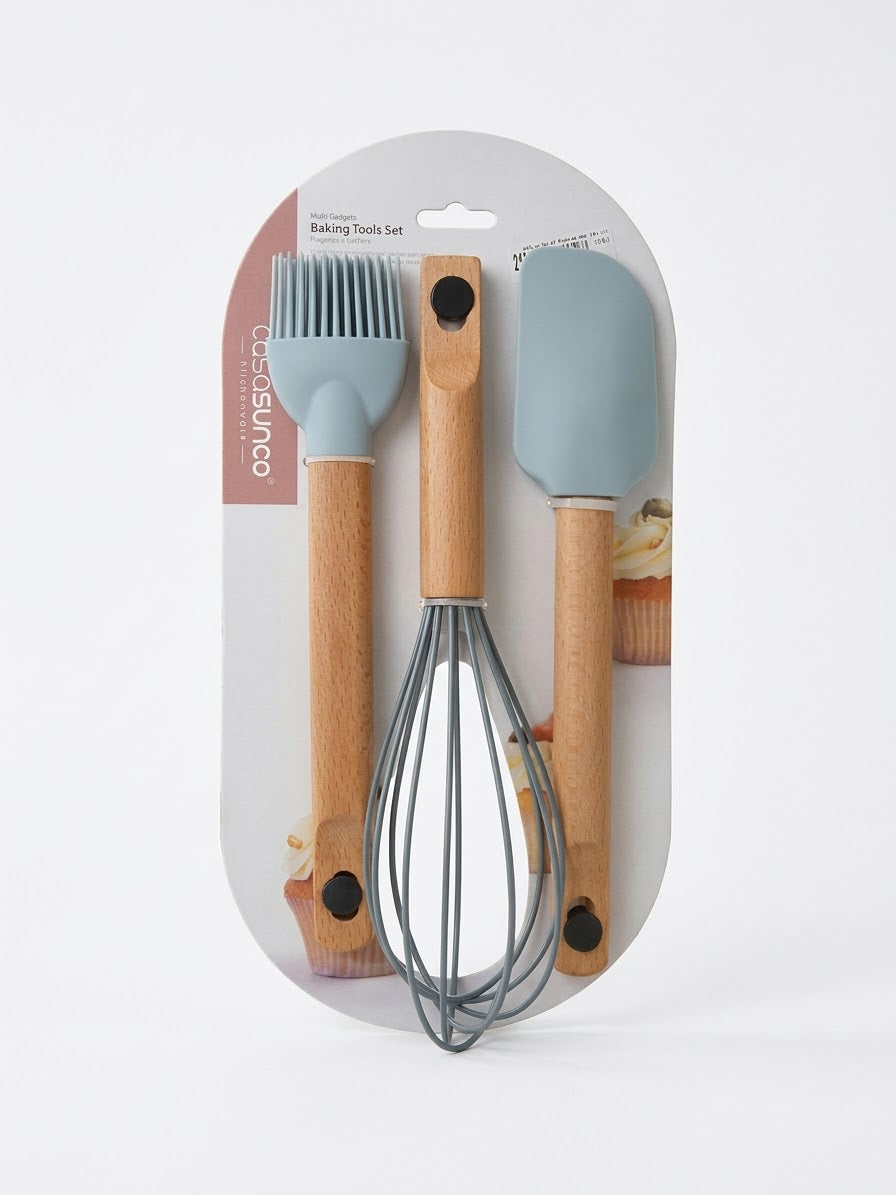 3-Piece Silicone Serving Set with Wooden Handles