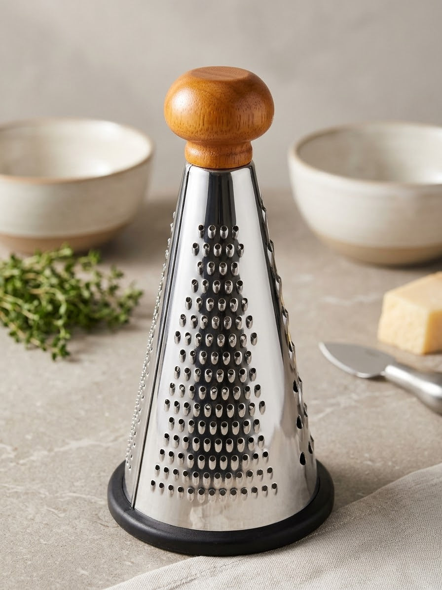 Wooden-Handled Stainless Steel Three-Sided Grater