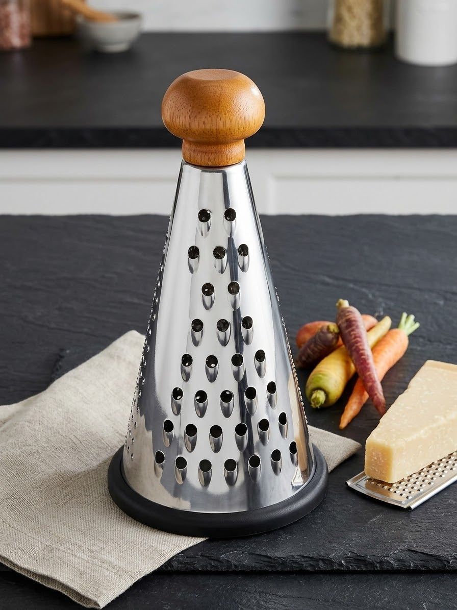 Wooden-Handled Stainless Steel Three-Sided Grater