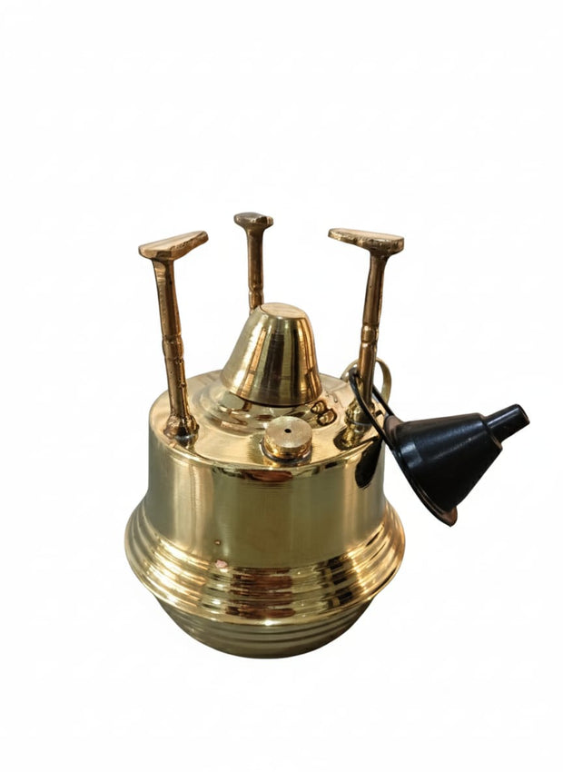 Plain brass spirit lamp with a brass handle and three stands