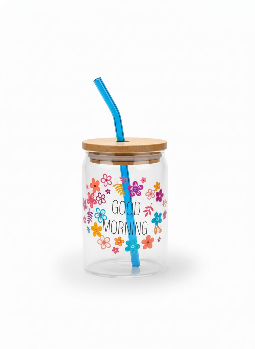 مج جود مورنينج منقوش بغطاء خشب وشاليموة زجاج