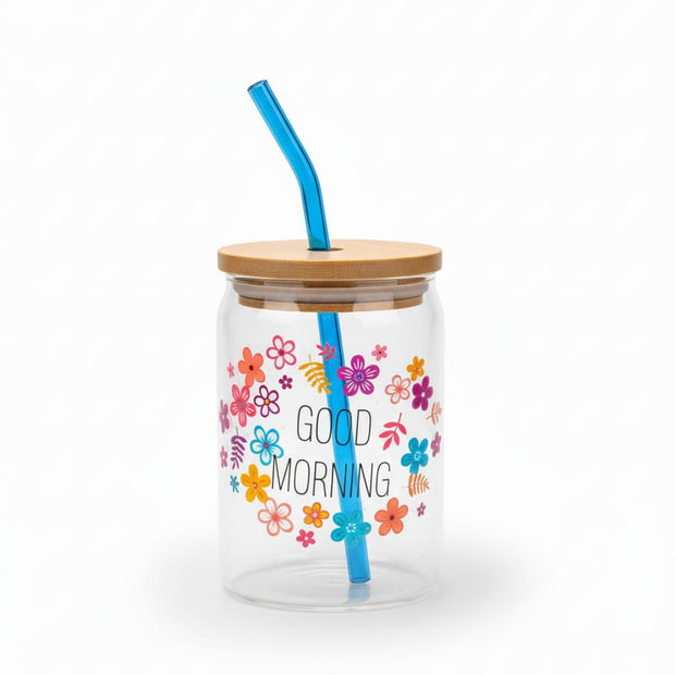 مج جود مورنينج منقوش بغطاء خشب وشاليموة زجاج